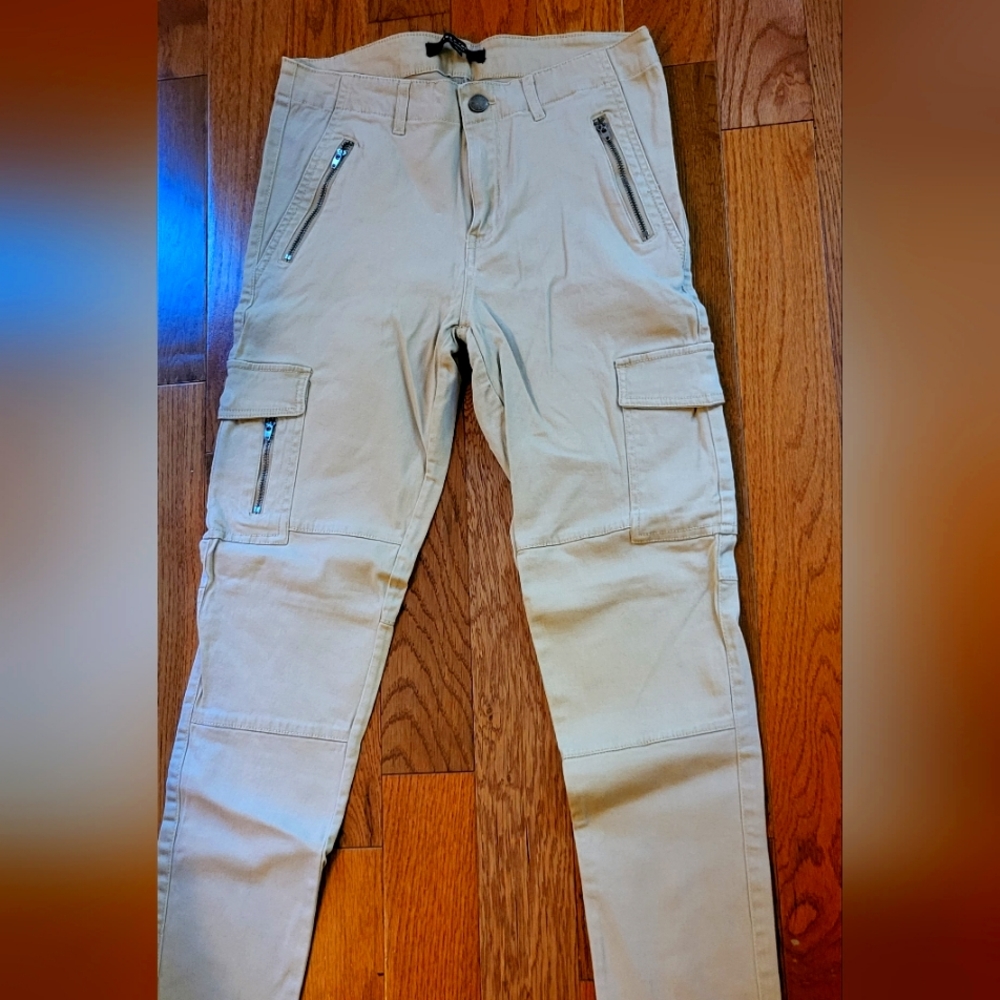 Tea and Rose Tan Cargo Utility Pants with  zippers and pockets. Size Large